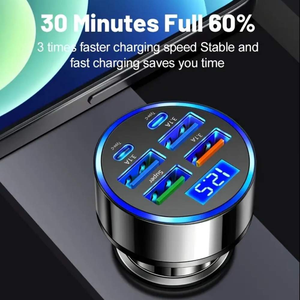 New Multi-Port Car Charger Voltage Display Fast USB C Charging